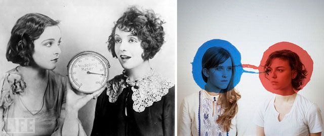 L: Two girls try out the new yodel meter, circa 1925. R: The girls from the Dirty Projectors, who don't need no stinkin' meter.